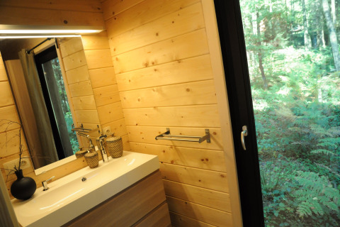 Moderne badkamer met houten wanden en boszicht vanuit chalet 'Drôles d'écureuil' in België.