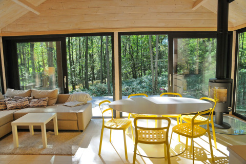 Lichte woonkamer in chalet 'Drôles d'écureuil' in België met gele stoelen en uitzicht op het bos.