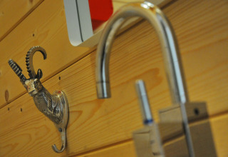 Close-up van een decoratieve metalen dierenhaak op houten wand in chalet 'Droles d'écureuil' in België.