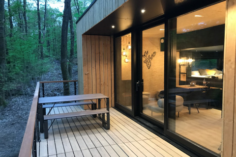 Wooden terrace with picnic bench at a modern lodge in Village de Vacances Oignies 5, Belgium, in the woods.