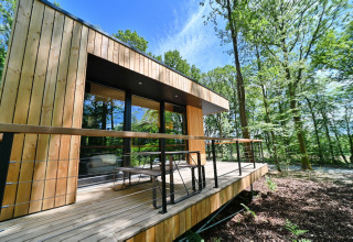 Modern wooden lodge with spacious deck set amidst green forest, sunny sky, Village de Vacances Oignies 5, Belgium.