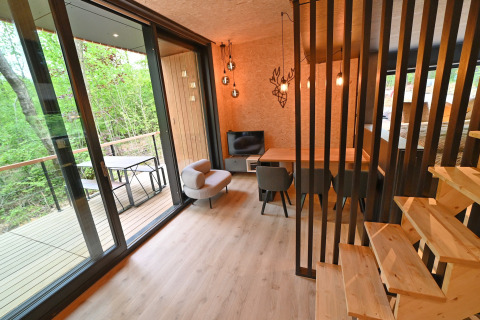 Modern lodge room with wooden decor, open terrace, and forest view at Village de Vacances Oignies 5 in Belgium.