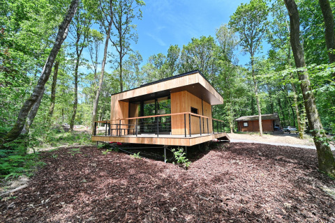 Modern wooden lodge elevated in a lush forest at Village de Vacances Oignies 5 under a clear blue sky.