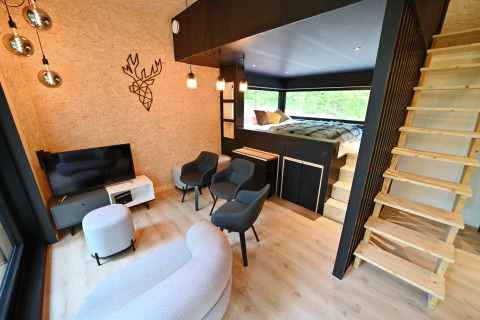 Modern lodge interior at Village de Vacances Oignies 5 in Belgium with bedroom loft and cozy living area.