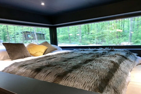Modern bed with cozy pillows and panoramic forest view at Village de Vacances Oignies 5 in Belgium.