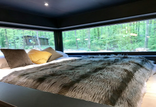 Modern bed with cozy pillows and panoramic forest view at Village de Vacances Oignies 5 in Belgium.