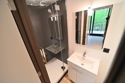 Modern bathroom at Village de Vacances Oignies 5, Belgium, featuring a shower, sink, mirror, and natural light.