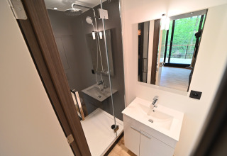 Modern bathroom at Village de Vacances Oignies 5, Belgium, featuring a shower, sink, mirror, and natural light.