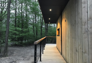 Wooden deck with lights at Village de Vacances Oignies 5 lodge, surrounded by forest scenery in Belgium.
