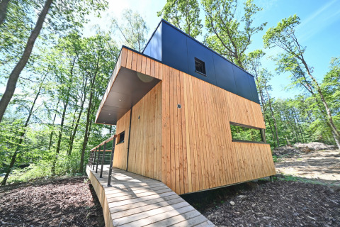 Modern wooden lodge with walkway, set in the forest at Village de Vacances Oignies 5, Belgium, sunny day.