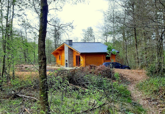Chalet in legno al Village de Vacances Oignies 6 immerso tra gli alberi, con un’auto nera parcheggiata vicino.