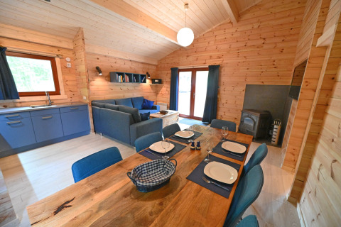 Interno di chalet al Village de Vacances Oignies 6 in Belgio con pareti in legno, divano, tavolo e stufa.