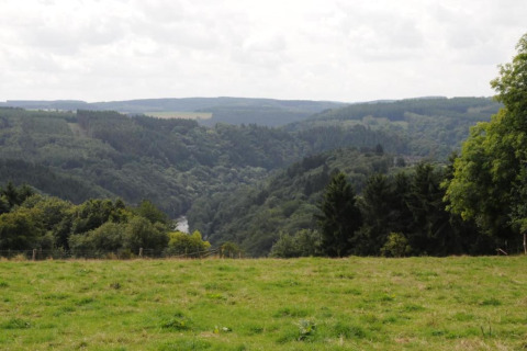 Udsigt fra Les Jardins de l'Ourthe 8 lodge i Belgien med frodige grønne bakker og skovklædte dale.