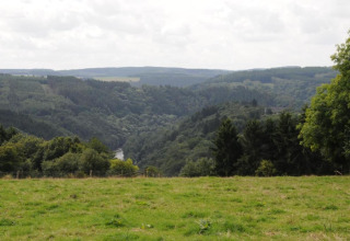 Udsigt fra Les Jardins de l'Ourthe 8 lodge i Belgien med frodige grønne bakker og skovklædte dale.