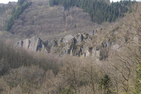 Stenet klippefremspring og skov beliggende nær Les Jardins de l'Ourthe 8 i Belgien set fra lodgen.