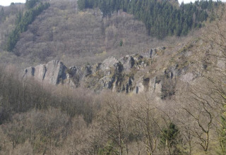 Stenet klippefremspring og skov beliggende nær Les Jardins de l'Ourthe 8 i Belgien set fra lodgen.