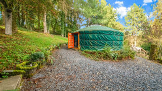 Imagen de una yurta verde con puerta naranja abierta en La Pause Insolite, rodeada de bosque y vegetación.