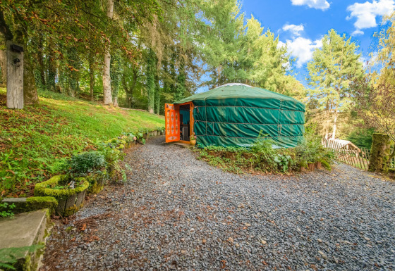 Photo of a green yurt with an open orange door at La Pause Insolite, nestled in a lush forest setting.