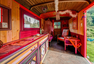 Colorful mobile home interior at Les Roulottes de Vio in Belgium, featuring wood paneling and eclectic decor.