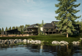 Moderne glampingaccommodatie aan het meer, omgeven door groene bomen, ligstoelen en rustige natuur.