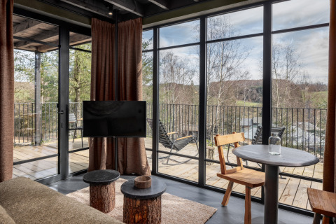 Moderne woonkamer in Hillview Resort Grandvoir 1, België, met panoramisch boszicht door grote ramen.