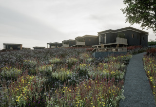 Moderne zwarte hutten bij Hillview Resort Grandvoir 1 in België, omgeven door wilde bloemen en paden.