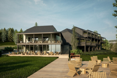 Buitenaanzicht van Hillview Resort Grandvoir 1 cabine in België, met moderne houten architectuur en terrassen.