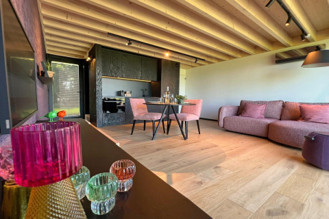 Moderne stue og køkken i en hytte kaldet 'Natural Escape' i Belgien, med træloft og lyserøde møbler.