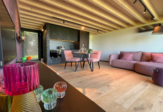Moderne stue og køkken i en hytte kaldet 'Natural Escape' i Belgien, med træloft og lyserøde møbler.