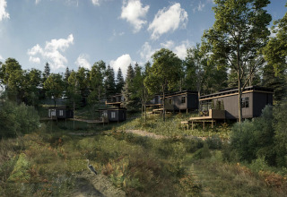 Moderne boshutten bij Hillview Resort Grandvoir 1 in België, te midden van bomen en natuur onder een blauwe lucht.