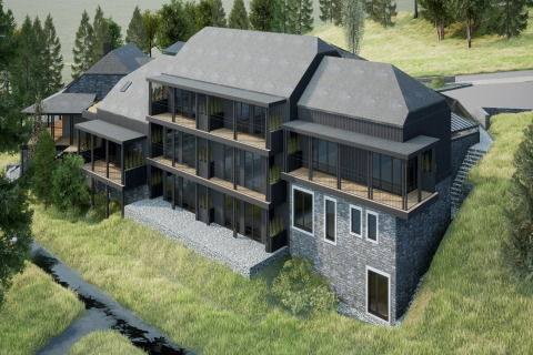 Computergegenereerd beeld van Hillview Resort Grandvoir 1, een modern vakantiehuis in de natuur van België.