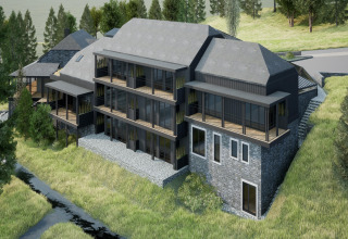 Computergegenereerd beeld van Hillview Resort Grandvoir 1, een modern vakantiehuis in de natuur van België.
