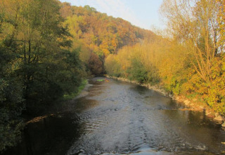 Flod omgivet af efterårstræer og bakker, set fra Natural Escape-hytten i Belgien om eftermiddagen.