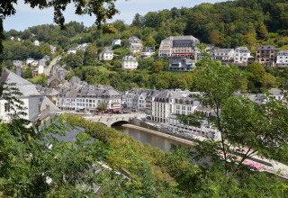 Uitzicht vanaf Hillview Resort Grandvoir 1 op een Belgisch stadje met rivier, huizen en groene heuvels.