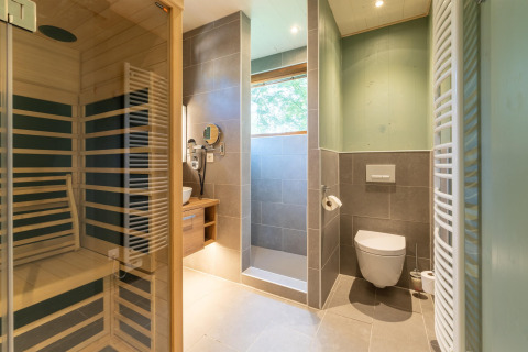 Modern bathroom in The TreeLoft by YourNature tree house, featuring a sauna, shower, and wall toilet.