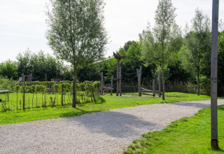 Grüner Außenbereich einer Glamping-Unterkunft mit Holzspielplatz, Bäumen und Kiesweg im Sonnenschein.