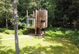 Modern treehouse called The TreeLoft by YourNature, set in a lush forest clearing in Belgium.
