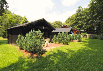 Two wooden cabins surrounded by green shrubs and grass lawn under blue sky at Log cabin 30 m².