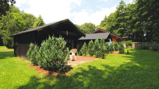 To træhytter omgivet af grønne buske og græsplæne under en blå himmel ved Log cabin 30 m².