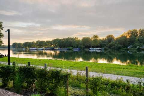 Udsigt over en fredelig flod og grønne træer ved solnedgang fra glamping-indkvartering i naturen.