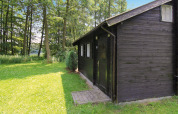 30 m² große schwarze Blockhütte mit grünem Rasen und Waldblick in Deutschland an einem sonnigen Tag.