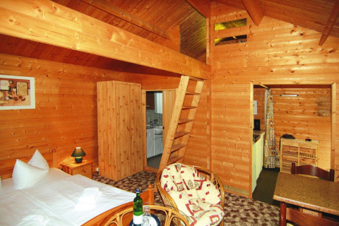 Gezellige blokhut van 30 m² in Duitsland met houten interieur, bed, keukentje en zithoek.
