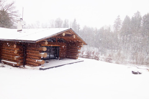 Chalet di tronchi a Lomnice nad Popelkou, Repubblica Ceca, coperto di neve durante un'abbondante nevicata.