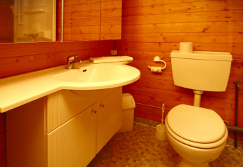 Baño con paredes de madera, lavabo y váter en una cabaña llamada Log cabin «30 m²» en Alemania.