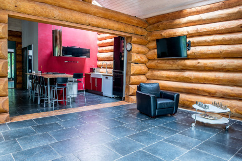 Soggiorno e cucina moderni nello chalet Lomnice nad Popelkou LLB005, Repubblica Ceca, con pareti in tronchi.