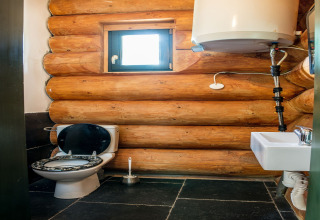 Bagno in chalet a Lomnice nad Popelkou, Repubblica Ceca, con pareti in legno, WC e lavandino.