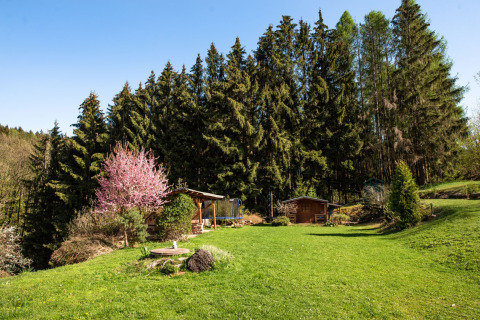 Prato verde, alberi in fiore e chalet in legno vicino alla foresta a Lomnice nad Popelkou, Repubblica Ceca.