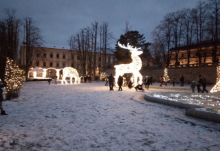 Scena invernale con figure di renne illuminate e persone presso lo chalet Lomnice nad Popelkou LLB005.