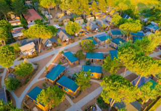 Vista aerea del Trasimeno Glamping Resort in Umbria, Italia, con bungalow e tende tra gli alberi.