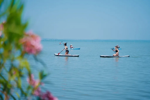 Persone fanno paddle board su un lago tranquillo vicino a Sant Arcangelo di Magione, Umbria, Italia, con fiori in primo piano.